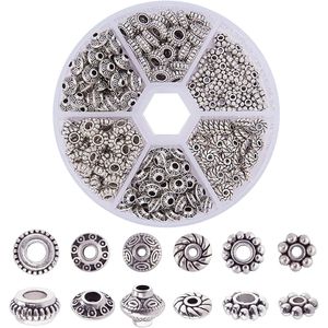 300 pz. Distanziatori Tubolari in Lega Metallica Argento Antico Tibetano, 6 Stili, Piccole Perle Sciolte, Componenti per Gioielli a Forma di Fiore per Braccialetti - Product Image 1