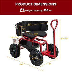Carrello da Giardino Regolabile in Altezza, Scooter Rosso con Sedile Girevole e Vano Porta Attrezzi - Product Image 2