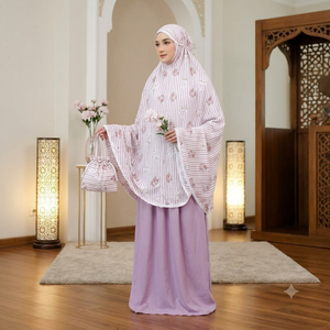 Conjunto de Oración Musulmán Premium al por Mayor con Rayas Florales, Vestido Mukena de Rayón con Bolsa a Juego con Cordón, Traje de Oración de Viaje Color Lavanda - Product Image 2
