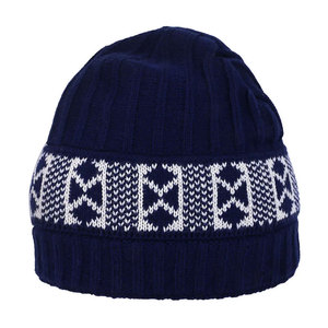 Unisex <b>Navy</b> Blue Knitted Beanie <b>Hat</b> With White Geometric Pattern 100% Acrylic Winter Casual Wear for Adults 56-58CM - Product Image 4