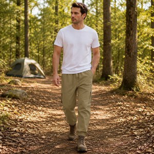 Pantalon cargo décontracté pour homme, taille élastique avec cordon de serrage, en coton mi-lourd, multi-poches, bas de survêtement - Product Image 5