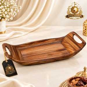 Plateau de service en bois avec poignées découpées, plateau rectangulaire en bois pour table basse, petit-déjeuner et service en cuisine - Product Image 2