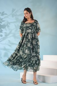 Robe midi évasée à imprimé floral, épaules dénudées, manches courtes et volants, en mousseline, style bohème décontracté pour l'été, pour femme - Product Image 4