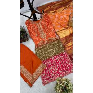 Salwar Kameez de Seda Naranja de Diseñador JD, Conjunto de Fiesta con Top y Pantalón con Dupatta, Talla XL - Product Image 1