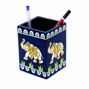 Hand Painted Wooden Rectangle Pen Stand | <b>Elephant</b> Design Desk Organizer | Handmade Back School Office Home Desktop Pencil - Product Image 3