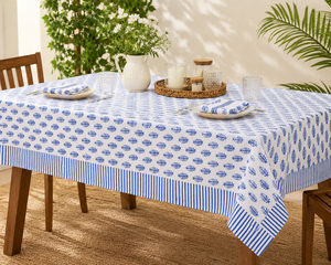 Blue & White Leaf Print Round Hand Block Printed Pure Cotton <b>Tablecloth</b> Indian Farmhouse Wedding Round Table Cover for Home Use - Product Image 1