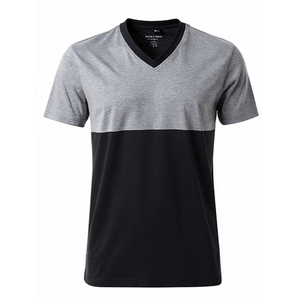Camiseta de cuello en V gris y negra para hombre, 100% algodón, manga corta, tejida, estilo veraniego, camiseta con cuello en V para hombre - Product Image 1