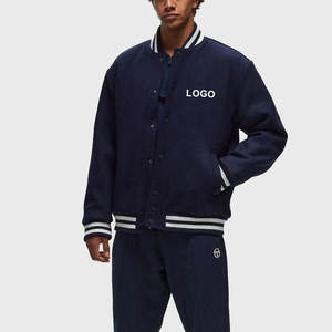 High Quality Men's Navy Varsity <b>Jacket</b> Solid Color Turn-down Collar Button Closure Regular Fit Casual Autumn Wear <b>Fleece</b> <b>Lining</b> - Product Image 4