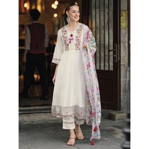 ATRACTIVE CHANDERI BORDADO TRABAJO TOP BOTTOM CON DUPATTA BLANCO - Product Image 1