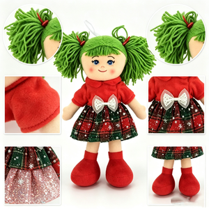 customized Christmas plush rag <b>doll</b>, green yarn pigtail girl <b>doll</b>, holiday plaid skirt stuffed <b>doll</b>, red top cloth <b>doll</b> - Product Image 2