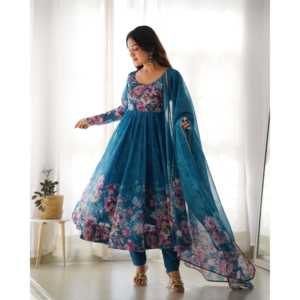 JUEGO DE TRAJE ANARKALI DE ORGANZA SUAVE PURO CON TOTALMENTE COSTADO DKB -261 RAMA - Product Image 6