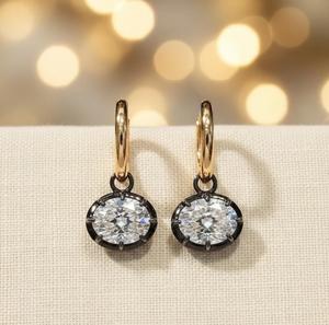 Pendientes de Aro de Plata de Ley 925 con Circonita Cúbica Ovalada, Estilo Gypsy, Color Blanco Ennegrecido, con Clip, Regalo para Mujer, Compromiso, Boda - Product Image 3