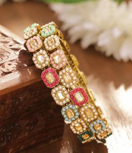 Brazaletes de Aleación Chapados en Oro para Mujer con Cristales de Imitación y Perlas de Imitación, Diseño Geométrico Bohemia para Boda - Product Image 1