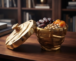 Boîte de rangement de luxe en métal doré à facettes pour fruits secs et dates, avec couvercle et texture géométrique effet pierre taillée - Product Image 3
