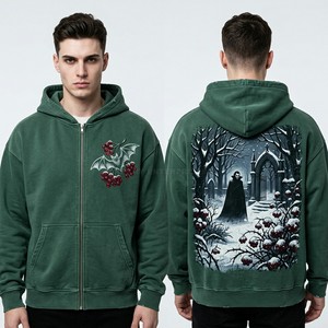 Sweat-shirt à capuche gris anthracite foncé imprimé sur mesure avec motif de chauve-souris et de montagne, streetwear pour homme, en coton haute densité - Product Image 5