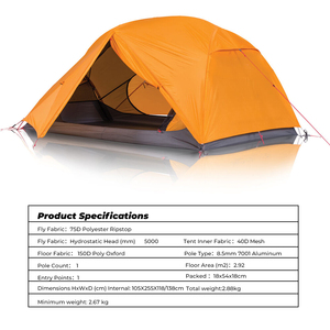 Tente de <span class=keywords><strong>camping</strong></span> E-RIKE Factory, isolée, portable, avec structure en aluminium, pour 2 personnes, imperméable PU 3000 mm, ultralégère - Product Image 2