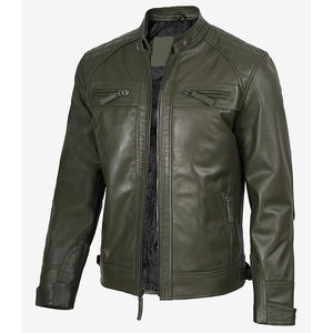 Veste de moto pour homme en cuir PU vert olive, toile écologique, imperméable, col rabattu, fermeture éclair, coupe ajustée, couleur unie - Product Image 4