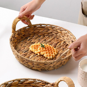Panier à fruits tressé avec poignées découpées, plateau de service rond en rotin tressé, grand panier de rangement - Product Image 4