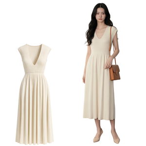 Vestido Midi Personalizado para Mujer, Cuello Redondo, Corte Recto, Simple, de Nailon Transpirable, Tejido Acanalado, Manga Corta, Venta al Por Mayor - Product Image 1