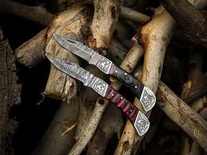 Cuchillo de bolsillo táctico plegable UA Supplies de acero de Damasco de grado industrial con punta de gota, mango rojo e incrustaciones plateadas, 3 años de garantía - Product Image 3