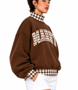 Custom <b>Women</b>’s merry <b>Christmas</b> Oversized Mockneck <b>Sweatshirt</b> Gingham Patchwork Sleeves Letter Applique Embroidered - Product Image 2