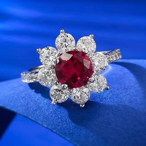 Anillo Halo con Flor, Rubí Rojo en el Centro, Anillo de Compromiso de Oro Blanco, Anillo Floral con Diamantes, Anillos de Plata de Ley 925 con Piedras Preciosas - Product Image 6