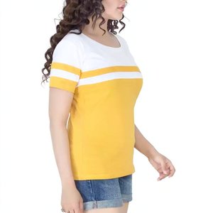 Camiseta de Algodón para Mujer, Cuello Redondo, Manga Corta, Bloques de Color Amarillo y Blanco, Estilo Casual de Verano, Corte Regular, Transpirable, Tejido de Punto - Product Image 6