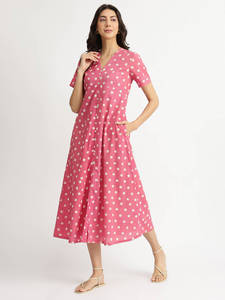Robe maxi asymétrique rose à pois avec manches trois quarts, col rond, coupe ample, tenue décontractée d'été, tissu en mousseline de soie tissée - Product Image 2
