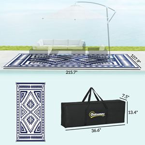 Tappeto impermeabile reversibile esterno 9 'X 18' blu e bianco quadrato Patchwork borsa da trasporto inclusa-paglia di plastica per interni/esterni - Product Image 3