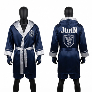 TAISON SPORTS Unisex Kick Boxing <b>Robe</b> 220 GSM Premium <b>Satin</b> Leather Moisture Wicking White Gold Trim Custom Logo Embroidery - Product Image 1