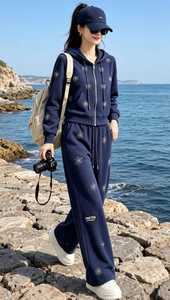 Ensemble de survêtement léger 2 en 1 pour femmes, sweat-shirt à fermeture éclair bleu marine et pantalon large, tenue décontractée sportive à manches longues - Product Image 5