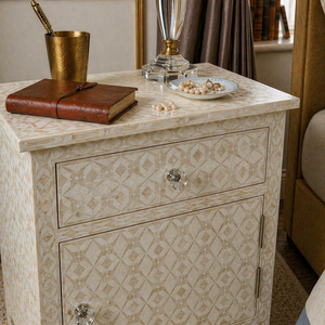 Bone Inlay Traditional Nightstand Two Drawer Bedside Table Decorative <b>Storage</b> <b>Cabinet</b> for Bedroom Hotel - Product Image 4