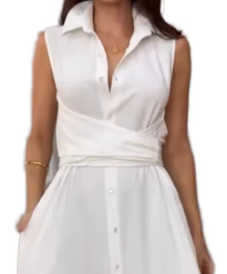 Women's Sleeveless Maxi Shirt Dress | Elegant Solid <b>White</b> <b>Wrap</b> Waist Dress with Pockets High Waist Straight Hem - Product Image 2