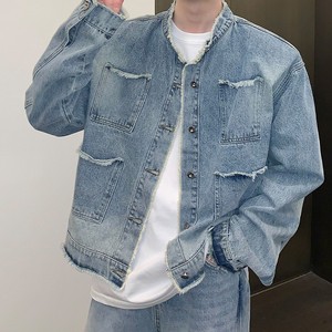 2024 nouveaux hommes luxe manteau décontracté lavé Denim veste déchiré col montant rétro manches longues coréen Harajuku Streetwear Style - Product Image 1