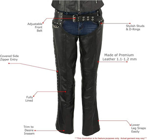 Women Samroz Sports SP-500-01 Premium Leather Sleeveless Motorcycle Chaps Adjustable <b>Belt</b> <b>Studs</b> D-Rings Fully Lined All Seasons - Product Image 2