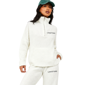 Conjunto de chándal de forro polar para mujer con media cremallera, cuello alto, pantalones de pierna ancha, ajuste relajado, informal, de invierno, dos piezas, para estar en casa - Product Image 3