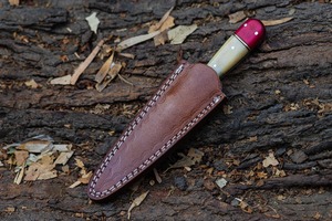 Cuchillo de caza de hoja fija de acero de Damasco OEM DIY con mango de hueso y funda de cuero, herramientas multifuncionales para camping al aire libre, punta de lanza - Product Image 3