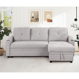 Divano Letto Moderno a 3 Posti Imbottito in Tessuto di Lino con Chaise Longue, Portabicchieri e Vano Contenitore - Product Image 1