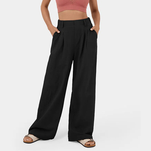 Women's High Waist Wide Leg <b>Pants</b> Solid Black Pleated Loose Fit Full Length Cotton Casual <b>Summer</b> Style - Product Image 1
