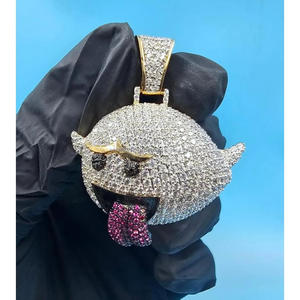 Colgante de dibujos animados con piedras negras y rosas, diamante cultivado en laboratorio, collar de joyería hip hop estilo streetwear. - Product Image 1