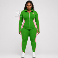 Alpha |   Kapa | Ensemble de sport vert pour femme Alpha avec veste zippée intégrale et panneaux latéraux contrastants roses, leggings taille haute, ensemble de vêtements de sport