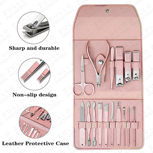 Luxury 16 Piece Stainless Steel <b>Manicure</b> Pedicure Nail Grooming <b>Kit</b> with Pink PU Leather Case for Home Travel Use - Product Image 4