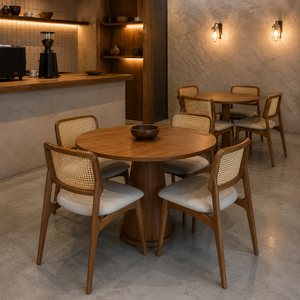 Modern <b>Solid</b> <b>Wood</b> <b>Round</b> <b>Dining</b> <b>Table</b> Set with Cane Back Upholstered Chairs for Home Restaurant Cafe Hotel Custom Furniture - Product Image 2