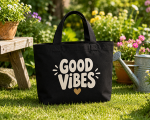 Good Vibes <b>Foldable</b> Canvas Tote <b>Bag</b> with Heart Design Black for <b>Travel</b> & Shopping - Product Image 6