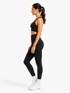 Ensemble de yoga 2 pièces : Crop top dos nageur à col ras du cou et Legging taille haute longueur intégrale, sans couture, noir uni, extensible dans quatre directions, écologique - Product Image 3