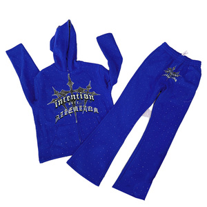 Ensemble survêtement homme personnalisé surdimensionné avec sweat à capuche zippé et pantalon, effet délavé, avec strass, idéal pour l'hiver - Product Image 2