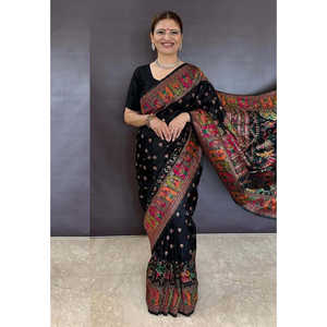 Sari de Seda Cachemir Negra Jade de Elite Weaves, Tejido con Hilo Zari, Diseño Gehani, Ropa India y Pakistaní, 700g - Product Image 3