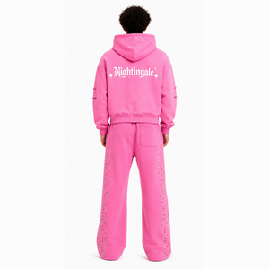 Ensemble de survêtement en gros avec fermeture éclair et strass, pantalon de jogging ample et épais à jambe large et sweat à capuche, style mode - Product Image 4