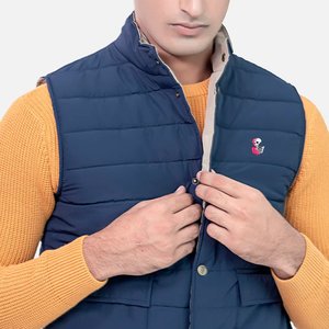 Men's Navy Canvas Quilted Puffer <b>Jacket</b> Stand Collar Zipper Closure Windproof Casual Winter Wear Slim Fit Sherpa Floral - Product Image 4