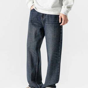 Jean en denim pour homme, coupe large, taille mi-haute, ample, grande taille, décontracté, couleur unie, en tissu de coton tissé, fermeture boutonnée - Product Image 1